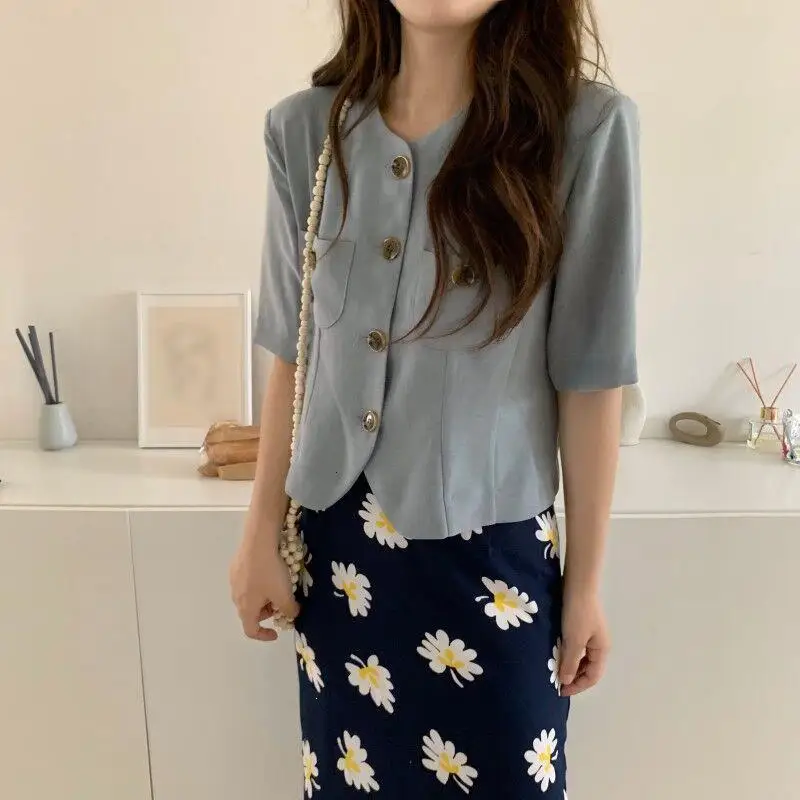 Women Korea Casual Office Blazers Top O-Neck Summer Simple Solid Short Sleeve Blazers Coat Fall Femme Work Short Blazers