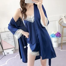 Femme пижамный комплект, атласные женские халаты+ платье, кружевное сексуальное женское белье, ночной халат, шелковый халат для подружек невесты, осенняя Пижама, домашняя одежда