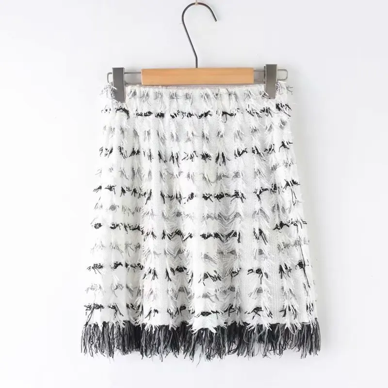 

2019 Spring New Style WOMEN'S Dress Contrast Color Texture Tassel Crew Neck Sleeveless Knitted Vest T-shirt Skirt Set