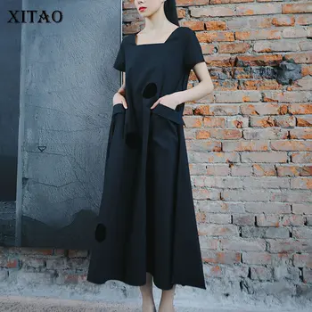 

XITAO Vintage Square Collar Polka Dot Dresses Loose Plus Size Short Sleeve Women Dress Black Fashion Women Clothes 2020 ZLL4788