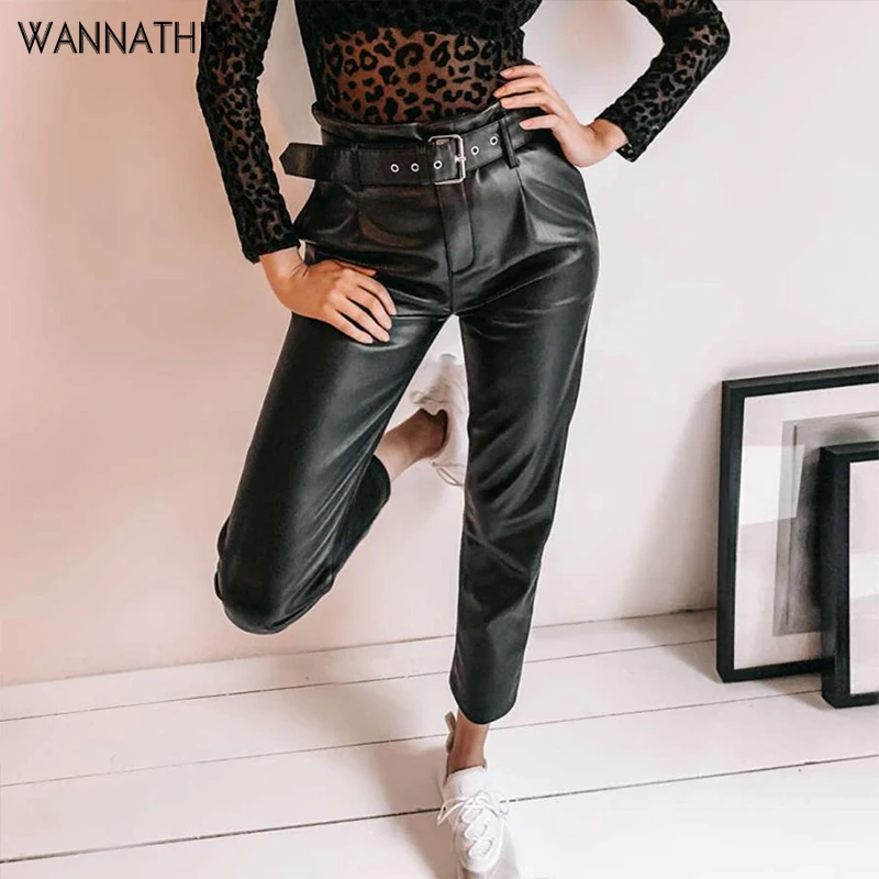 WannaThis Black Faux Leather Straight Pants With Belt Elegant Casual Women Autumn High Waist Streetwear Ladies Vintage Trousers