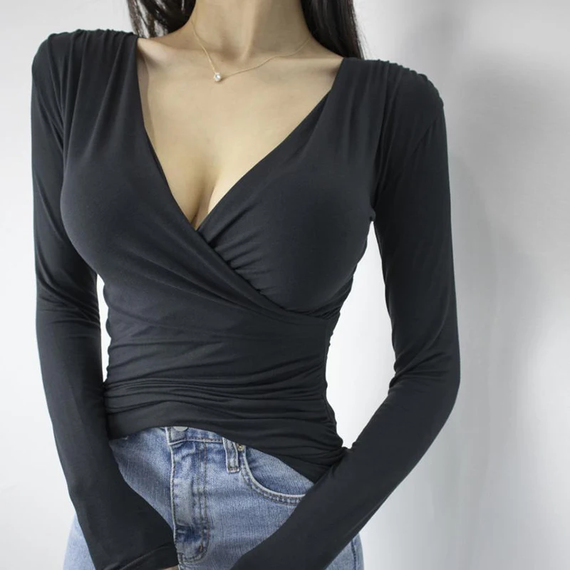 Sexy V Neck T Shirt Women 2022 Autumn Cotton Basic Tshirts Long Sleeve Top Slim Solid Clothes Tee Shirt Femme Camisetas De Mujer