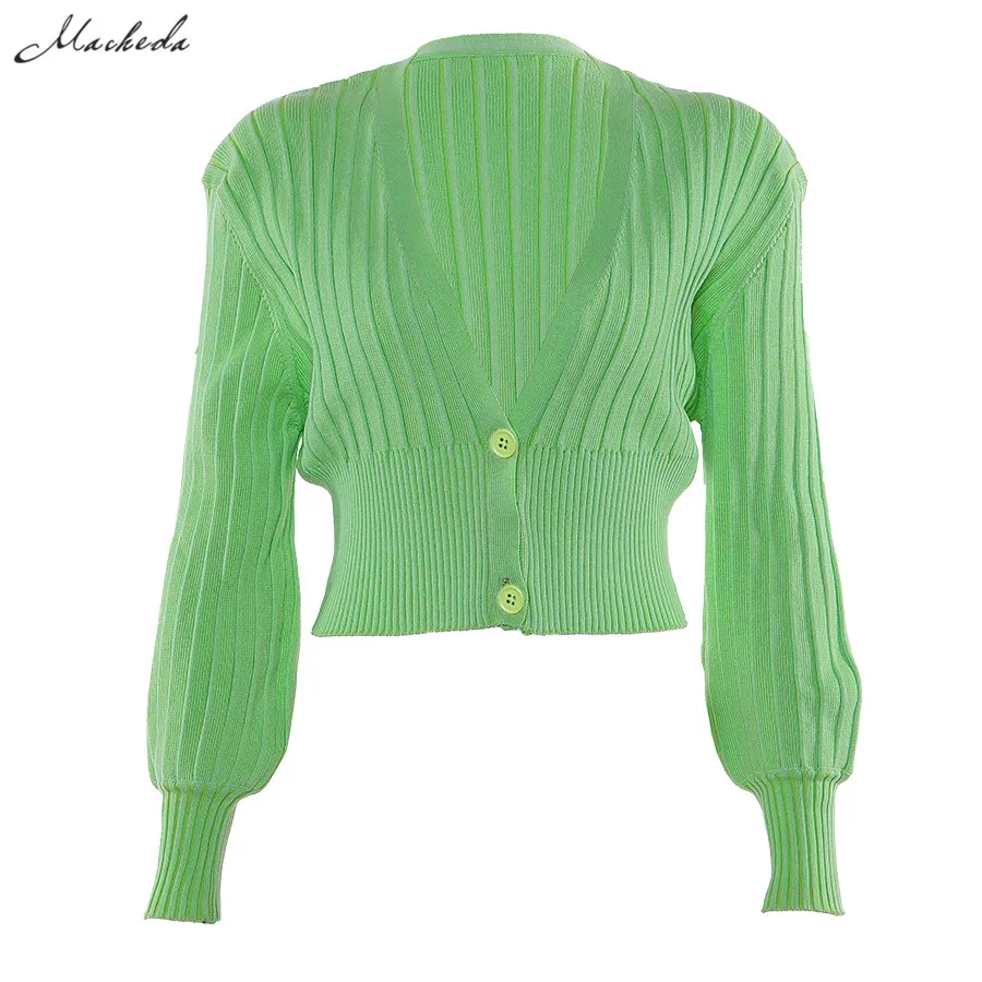 Macheda Fashion Knitting Long Sleeve V Neck Button Cardigan Women Autumn Sweater Crop Top Lady Solid Casual Clothes New