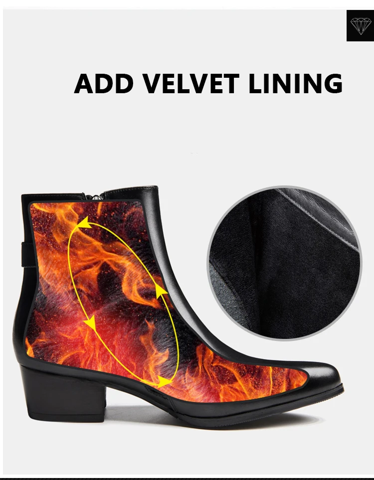 Genuine leather Boots High heels Men's Pointed Toe Boots Cow Leather Tip Shoes British Zipper Mens Boots size 36-47