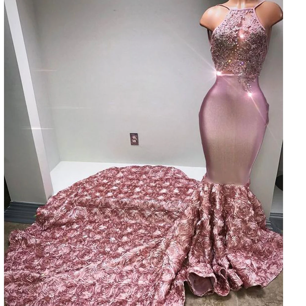 

lace prom dresses 2020 mermaid flowers 3d mermaid satin evening dresses halter formal dresses