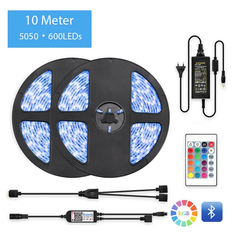 1 комплект 5 м/10 м 60 Светодиодный s/M RGB 5050 SMD 2835 гибкий светодиодный светильник+ пульт дистанционного управления Bluetooth+ адаптер постоянного тока - Испускаемый цвет: 10M 5050 600LEDs