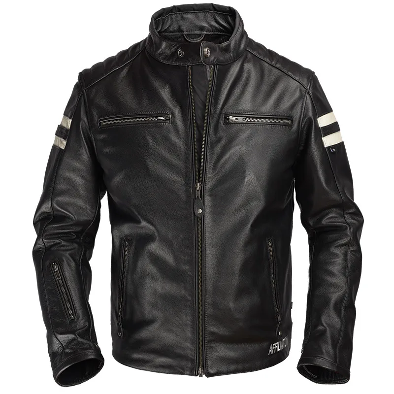 

2019 Black Men Slim Fit Motorcycle Leather Jacket Stand Collar Large Size XXXL Genuine Cowhide Spring Biker's Coat FREE SHIPPING