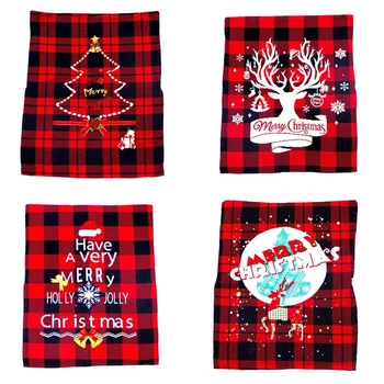 

4 Pcs Red and Black Plaid Christmas Tree Deer Head Snowflake Elk Chair Cover for Holiday Christmas Party Decorations