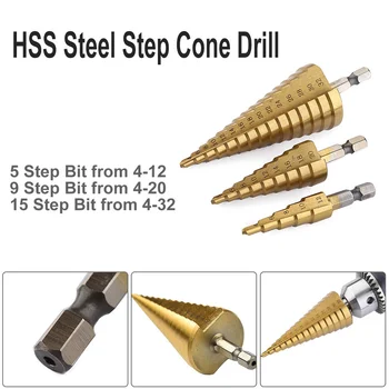 

3 Pcs 4-12/20/32mm Hex Shank HSS Step Cone Drill Titanium Coated Bit Hole Cutter Hex Core Drill Bits Cutter Step Cone Drill
