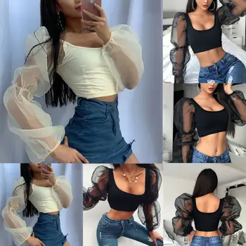 

Fashion Womens Shirts 2020 Spring Puff Long Sleeve Sheer Mesh Solid Colir Vest Crop Tops Slim Crew Neck Short Blouse Shirt Shein