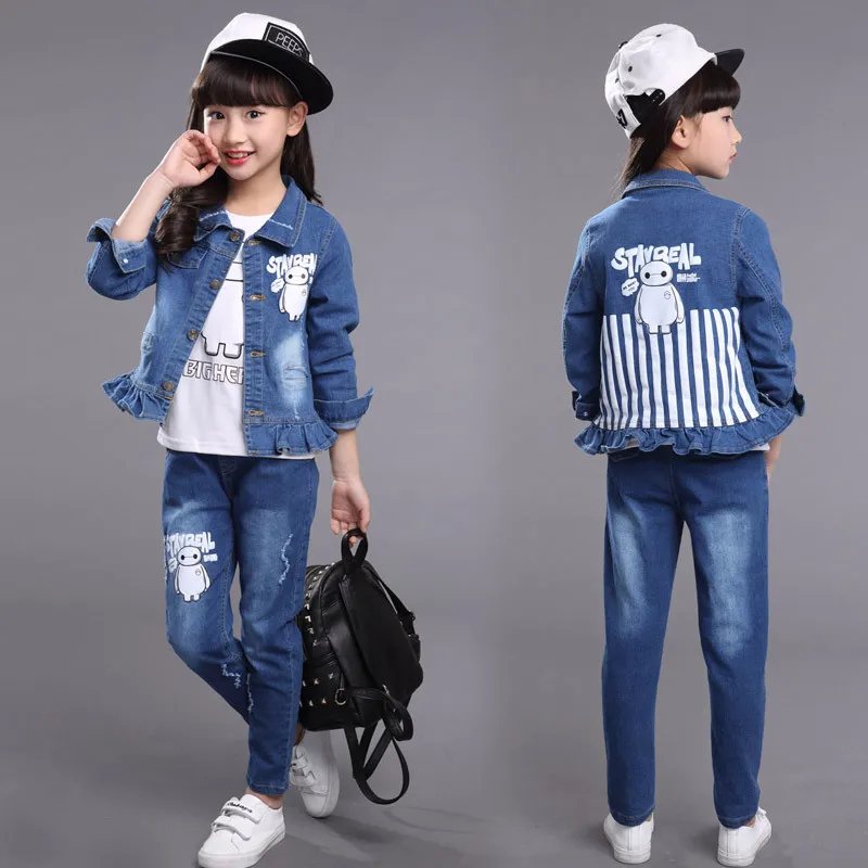 

2019 Spring New Style Childrenswear Girls Korean-style Children Printed Cowboy Three-piece Set Leisure Suit