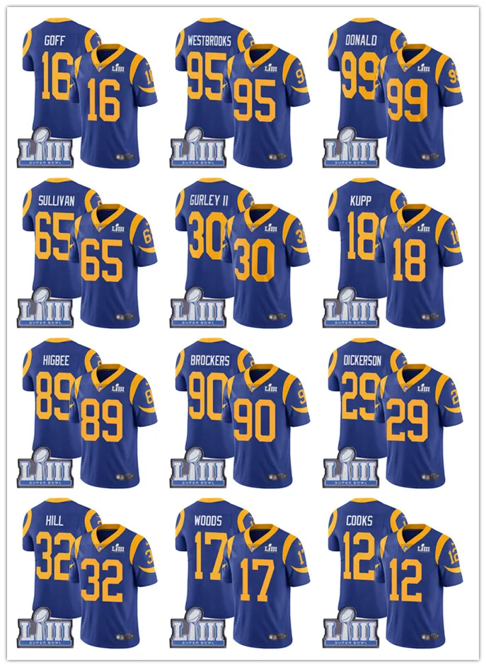 Супер Rams Bowl Лос-Анжелес Джерси 30 Тодд Герли II 99 Аарон Дональд 18 Купер Kupp 12 Брэндин повара сшитые майки