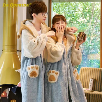 

Pijamas New Soft Front Pocket Flannel Winter Warm Homesuit Homeclothes Pajamas Set Man and Woman Pj Set for Couple Hooded