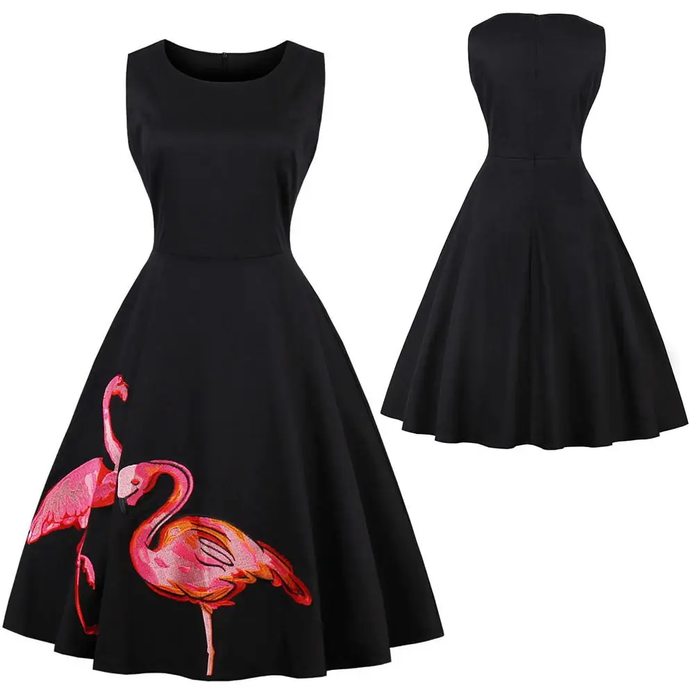 Plus Size Women Flamingo Embroidery Sleeveless O Neck Slim A Line Party Dress for woman evening party banquet dating