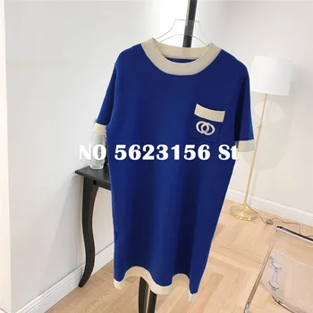 

blue Wool Knitted Dress 2020 Spring summer runway office lady embroidery Dress high quality