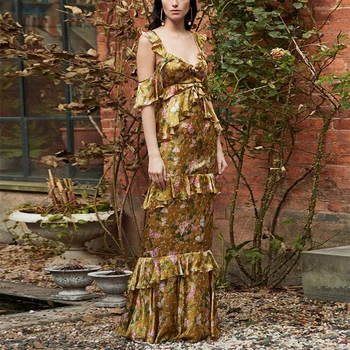 

Gedivoen Fashion Designer Summer Dress Women Spaghetti Strap Strapless Floral Print Cascading Ruffle Vintage Dress Party Dresses