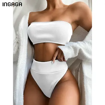 INGAGA-Bikinis de cintura alta para mujer, trajes de baño de banda, bikini negro sin tirantes de corte alto, ropa de playa 2021