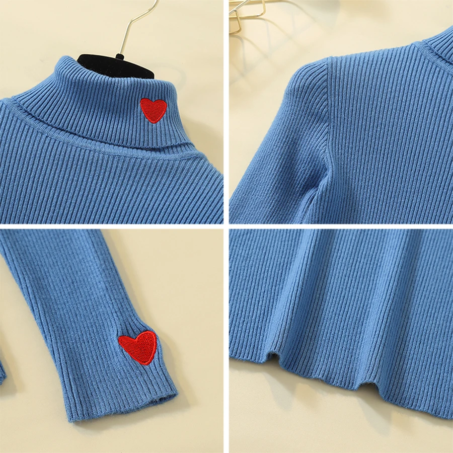 Autumn Winter Love Embroidery Pullover Sweaters Women Solid Warm Turtleneck Knitted Sweater Female Korean Long Sleeve Base Top