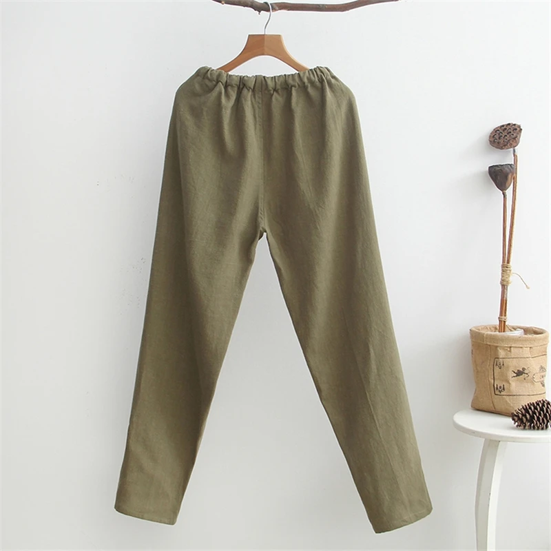 Long Pants Cotton Linen Male Chinese Kung Fu Trousers Men's Casual Straight Military green Tai Chi Clothing Elastic Waist