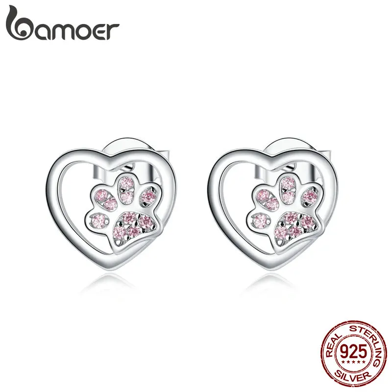 Bamoer 925 пробы серебряные милые серьги гвоздики с собачьей лапой для девочек эмалированные Асимметричные