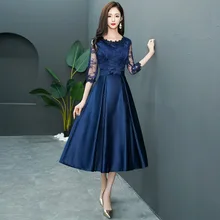 New Fashion 2021 Three Quarter Sleeves Navy Satin Evening Gown Lace Tea Length Cheap Evening Dresses