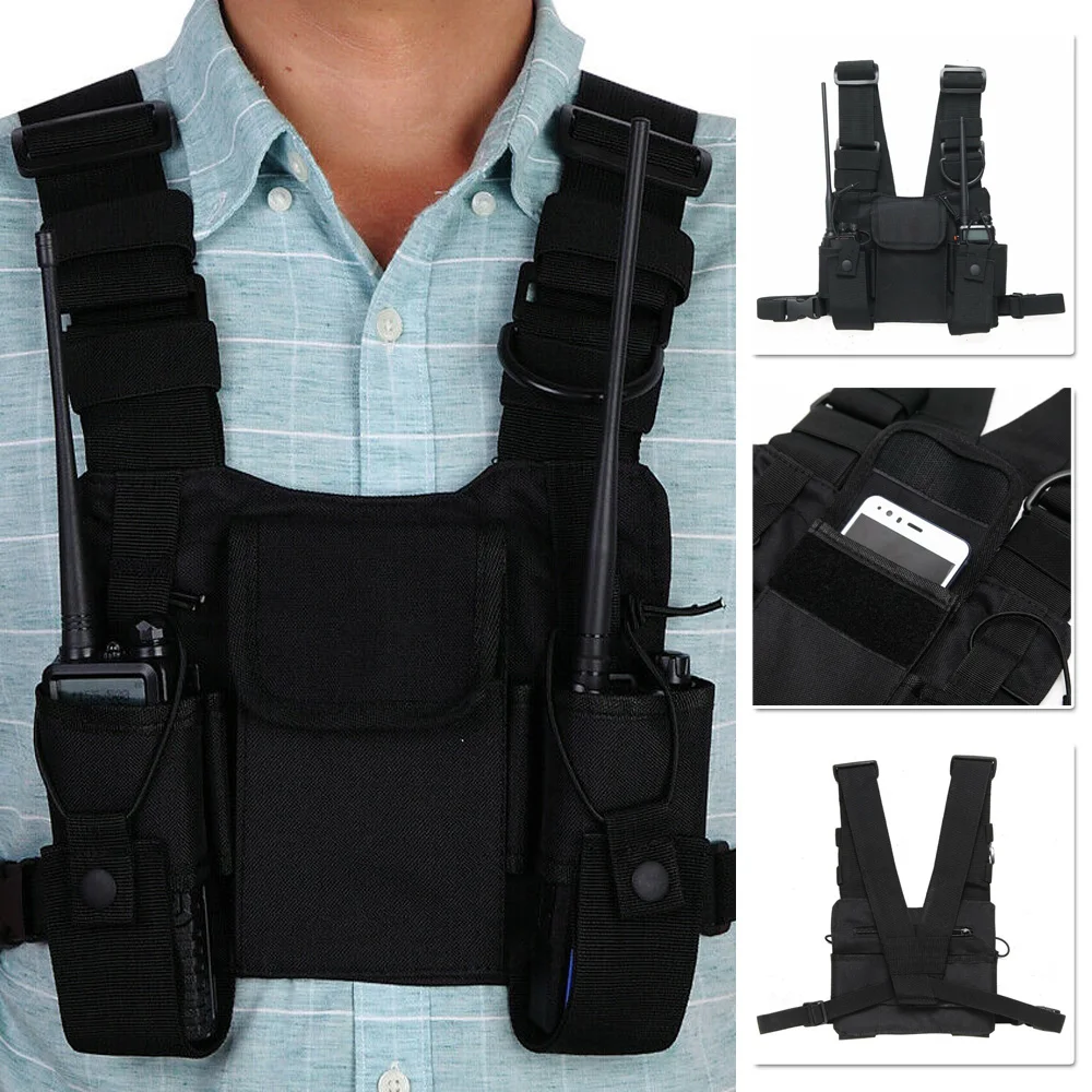 

Good Quality Nylon Walkie-talkie Backpack Chest Pocket Black Universal Bag Case for Two Way Radio Adjustable Shoulder Straps