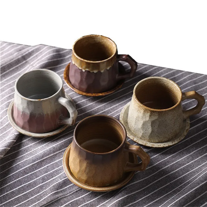 

Creative Japanese Retro Ceramic Coffee Cup and Dish Set Modern Design Irregular Rough Pottery Coffee Cup and Dish Office Mug