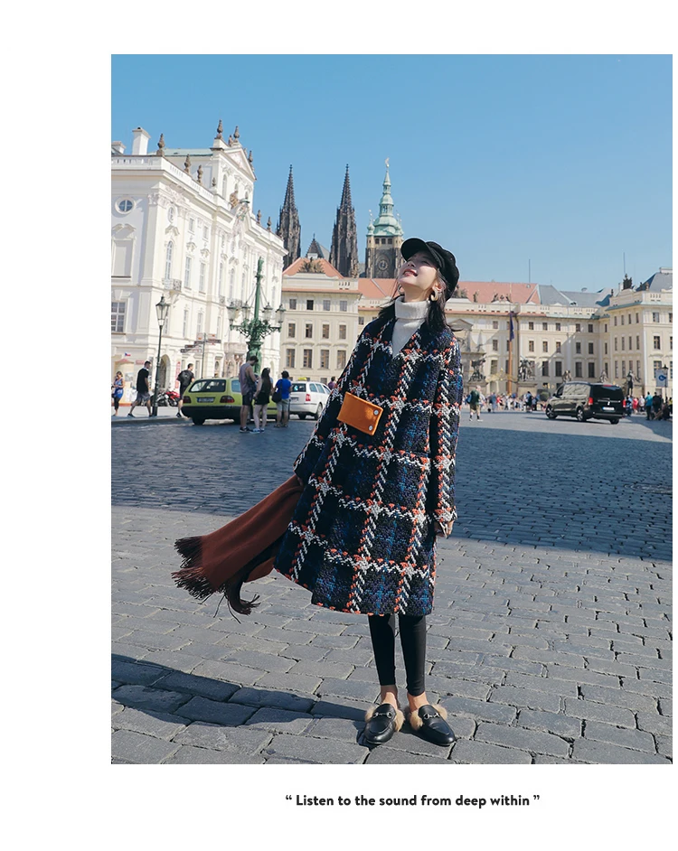 Tweed Woolen Jacket Women's Mid-length Autumn And Winter New Style Nizi Popular Graceful Plaid Woolen Overcoat