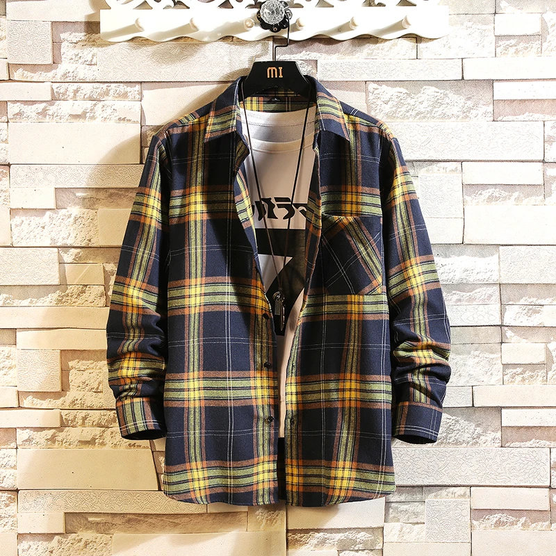 

Autumn Plaid Shirt Men's Fashion Retro Casual Shirt Man Streetwear Wild Loose Long Sleeve Shirts Men Large Size M-5XL