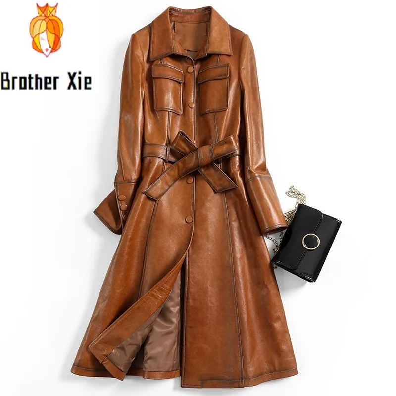 

Top Brand Women Italy Designer Genuine Leather Sheepskin Long Coats Fashion Sashes Belt Quality Real Leather Trench Windbreaker