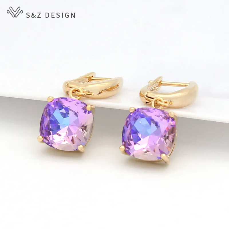 S&Z DESIGN Korean Fashion Square Crystal Dangle Earrings 585 Rose Gold Color Eardrop For Women Wedding Jewelry Lover Gift