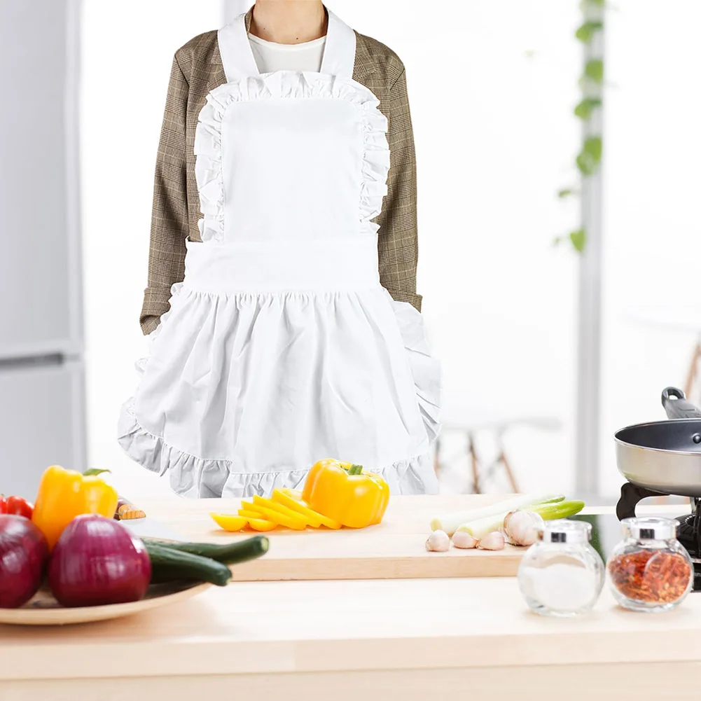 White Sleeveless Cotton Women Maid Apron Ruffle Hem Kitchen Garden Working Accessories Solid Color Apron