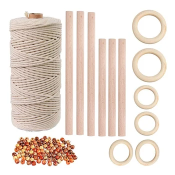 

Macrame Cord Rope with Wood Beans Wood Rings Wood Sticks Macrame Craft Cotton Cord For Plant Hangers Knitting Craft DIY