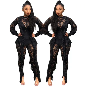 

Long Sleeve Sexy Sheer Black Lace Jumpsuit Bodysuit Women See Through Ruffle Party Club Wear One Piece Bodycon Jumpsuit Rompers