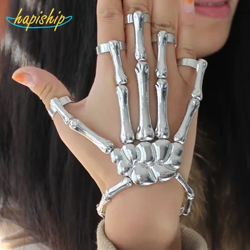 

Hapiship 2017 Fashion Style Halloween Hand Skull Skeleton Elastic Bracelet Bangle + Rings RCH Cool Free Shipping