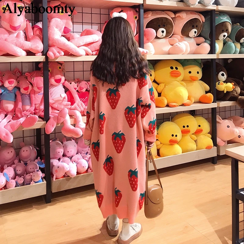 Корейское Ulzzang осенне-зимнее женское платье-свитер большого размера, розовое, желтое, синее, клубничное вязаное платье, милое кавайное плотное платье