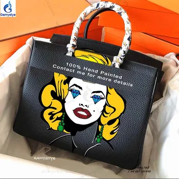 

Hand Drawing Designer POP art girl Monroe customize Handbag Genuine Leather bags Women Messenger HandBag Real Cowskin
