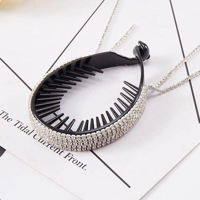 FORWOT Women Elegant Luxury Rhinestone Tassel Ponytail Hair Claws Hair Clips Barrettes Hairpin Headband Fashion Hair Accessories WHITE