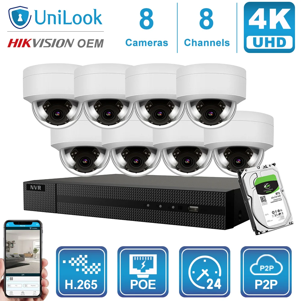 Купольная IP камера UniLook 8CH NVR 4/6/8 шт. 8MP 4K POE наружная система безопасности Hikvsiion OEM