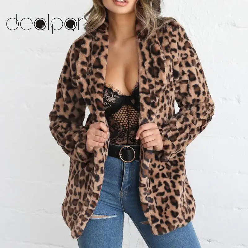 Женская куртка из искусственного меха, пальто, зимнее Модное теплое пальто с леопардовым принтом, шаль с вырезом, пальто с длинными рукавами, элегантное пальто