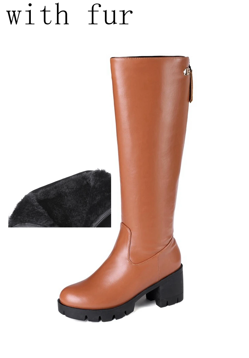 BLXQPYT Big Size 34-46 Autumn Winter Warm Fur Knee High Boots Womens Snow Boots High Heels Zipper Female Shoes woman C19-19 - Цвет: brown wiht fur