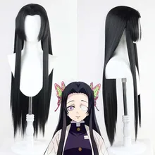 Kimetsu No Yaiba Demon Slayer Kochou Kanae Black Long Straight Heat Resistant Synthetic Hair Halloween Cosplay+ Free Wig Cap