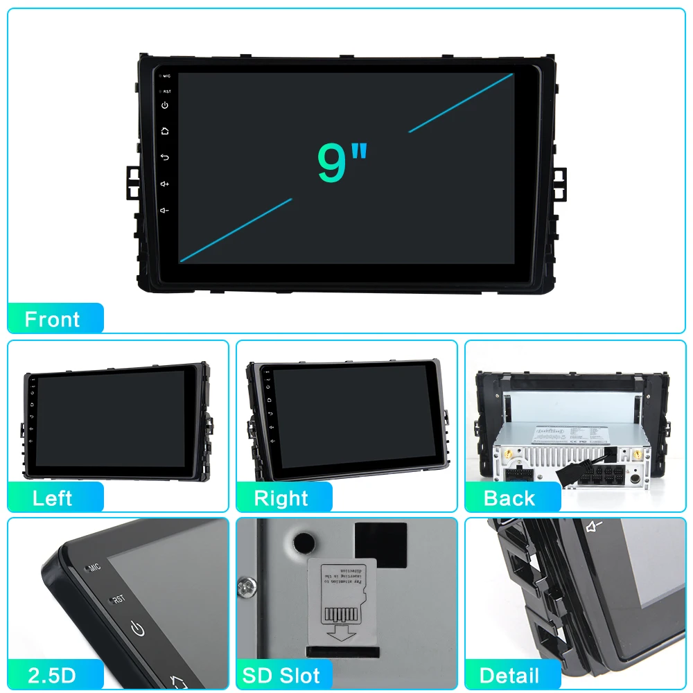 Top 9" Display Android 9.0 Universal 1 din Car Bluetooth Radio Navigation GPS 4G RAM  for VW Golf Tiguan Atlas Polo Jetta 2018 2