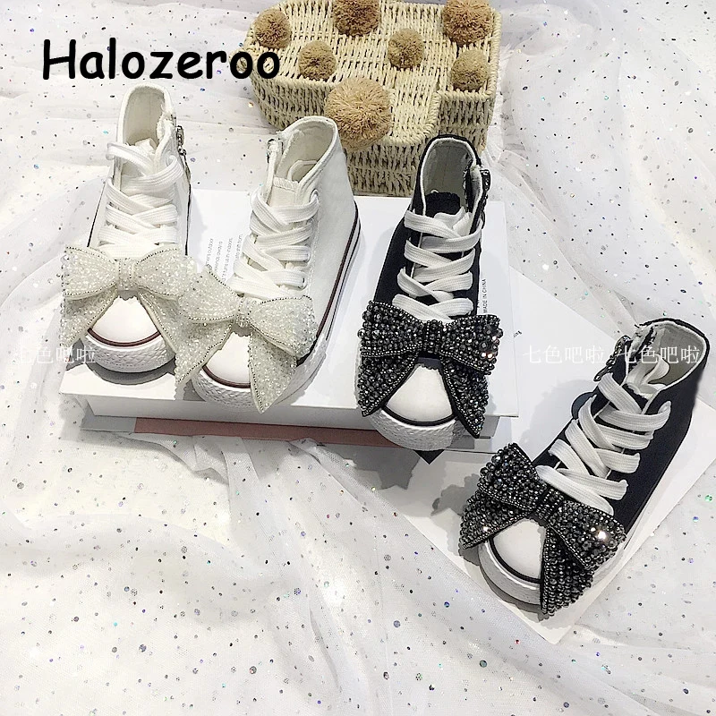 

New Autumn Kids Casual Sneakers Baby Girls Bow Canvas Shoes Children Rhinestone Sneakers Toddler Brand High Sneakers Trainers