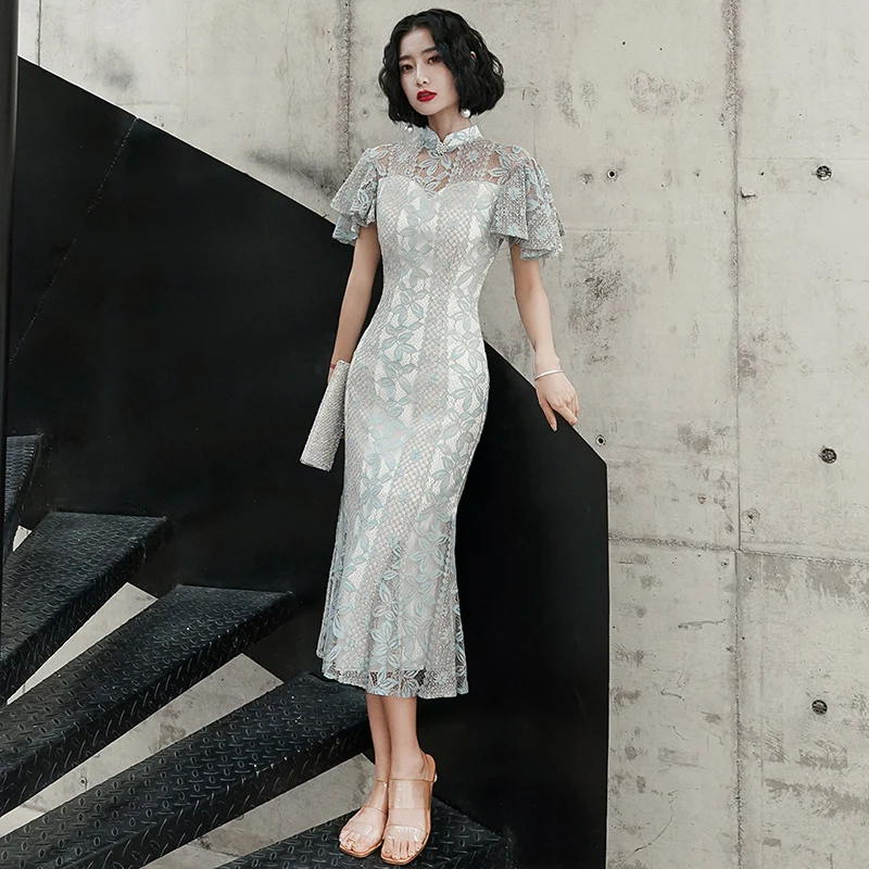Вечернее платье для вечеринки, Young Ladye Legant, с рукавом-бабочкой, Cheongsam, воротник-стойка, макси платье, изысканное, перспективное, кружевное, Qipao