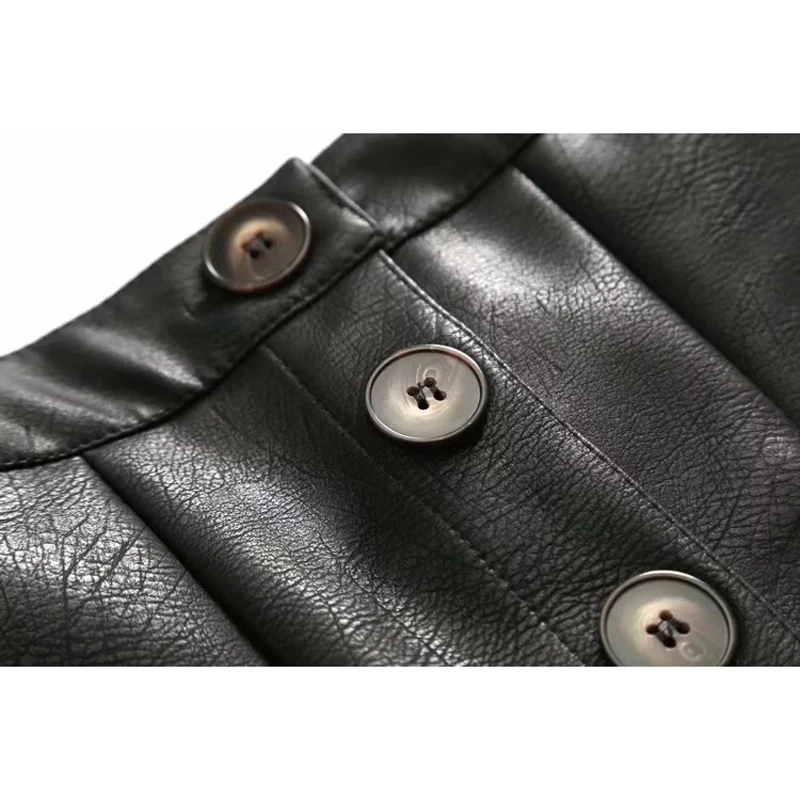 Aelegantmis Spring Summer Casual Pu Leather Skirt Women High Waist Single Breasted Mini Short Skirt Ladies Elegant A-line Skirt