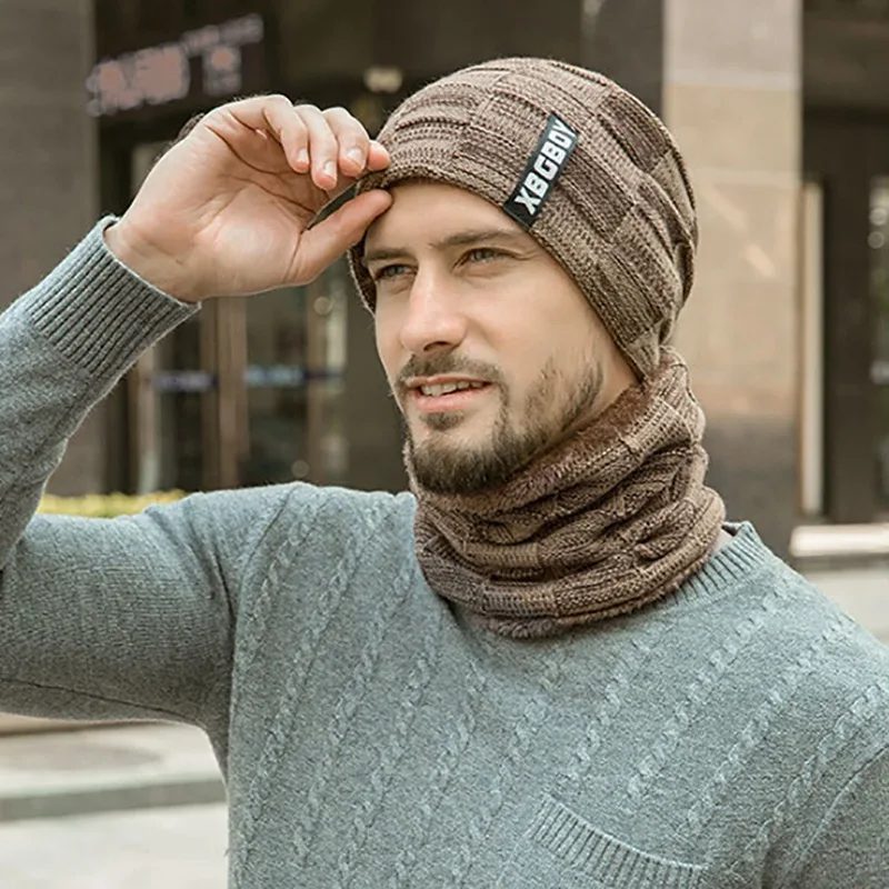 

Beanie Hat Scarf Set Men Autumn Winter Fluffy Knitted Cap Neck Warmer Headwear outdoor knitted protective mask face cover