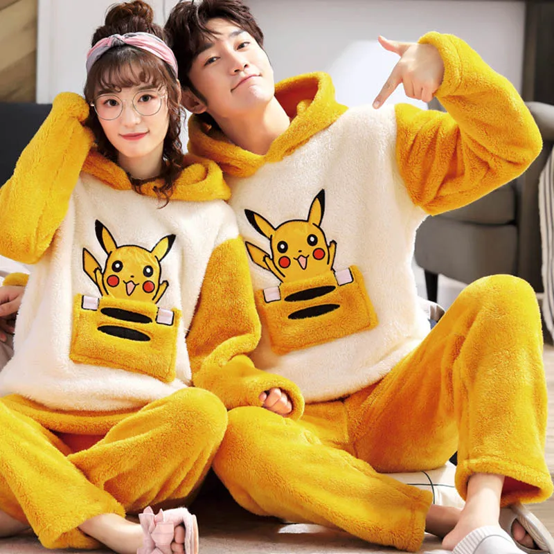 Pikachu2 Милый мультфильм унисекс для взрослых пара пижамы теплая зима женская пижама с капюшоном сгущает пижамы свободные пижамы с длинным рукавом Femme ну вечеринку домашняя одежда - Цвет: Pikachu2