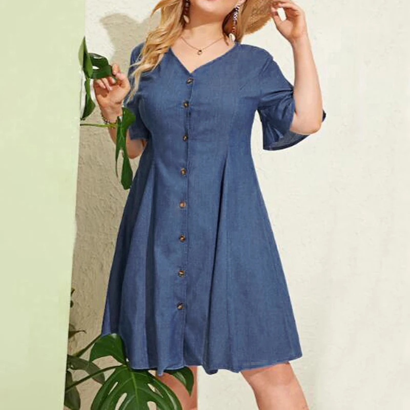 Light Blue Модное джинсовое синее платье-рубашка, женский летний сарафан, ZANZEA, повседневное мини платье с коротким рукавом, женское платье с v-образным вырезом и пуговицами - Цвет: Light Blue