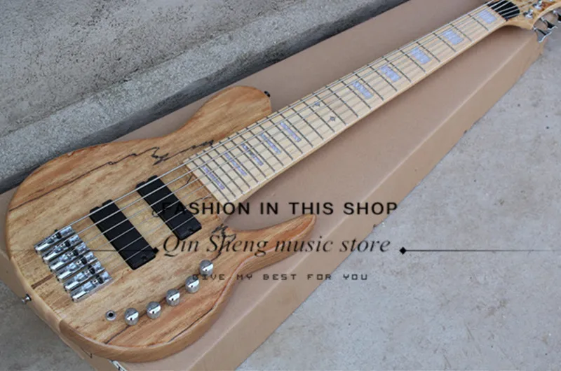 На заказ 6 струн электрическая бас гитара, корпус из древесины ясеня с spalted кленовый шпон, string расстояние 19 мм, комплектующие черного цвета